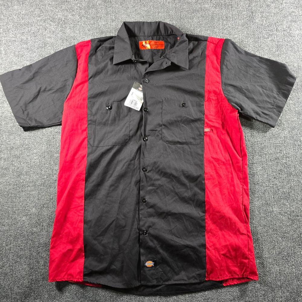 Dickies Mens LS524BKER Colorblock Work Shirt Black Red Short Sleeve Large NWT